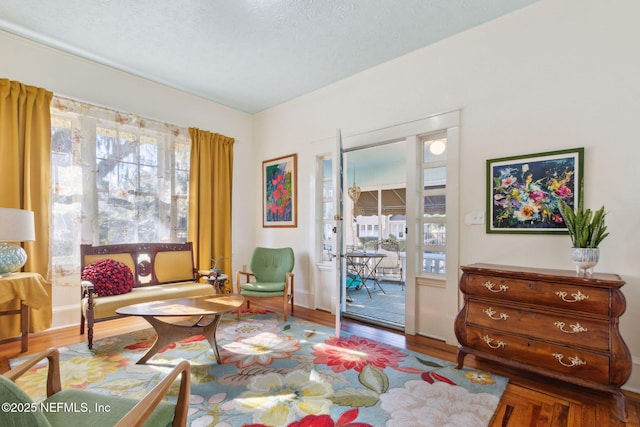 living area featuring a textured ceiling and hardwood / wood-style floors