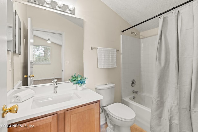 full bathroom with vanity, lofted ceiling, toilet, a textured ceiling, and shower / tub combo with curtain