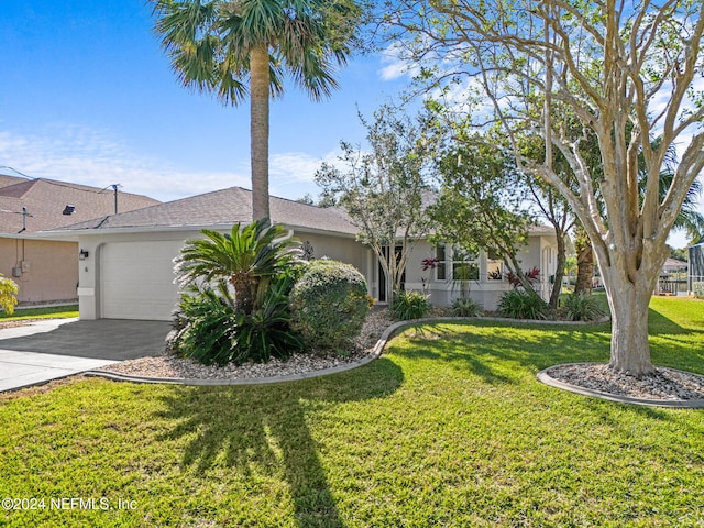 ranch-style house featuring a garage and a front lawn