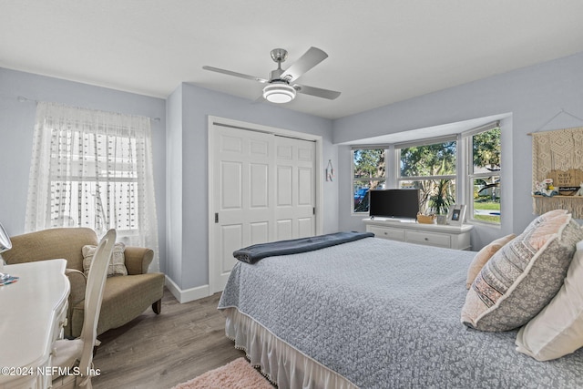 bedroom featuring a closet, light hardwood / wood-style flooring, and ceiling fan