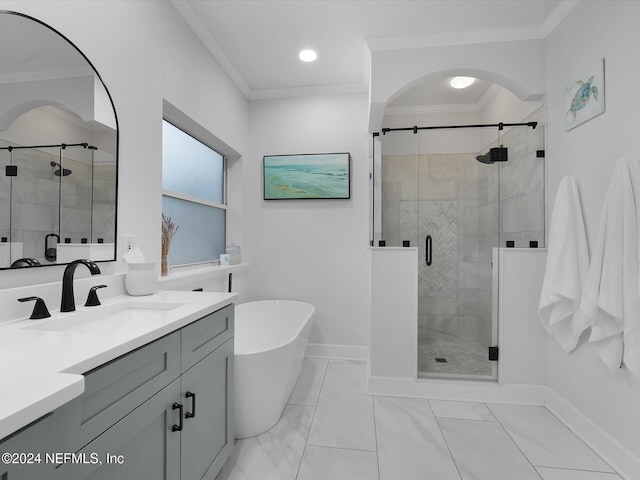 bathroom featuring vanity, separate shower and tub, and crown molding