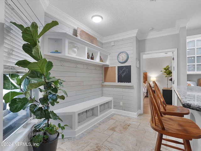 mudroom featuring ornamental molding and a textured ceiling