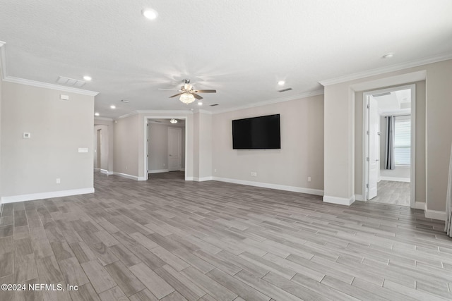 unfurnished living room featuring a textured ceiling, light hardwood / wood-style flooring, ceiling fan, and ornamental molding