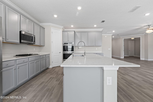 kitchen with hardwood / wood-style flooring, sink, a kitchen island with sink, and appliances with stainless steel finishes