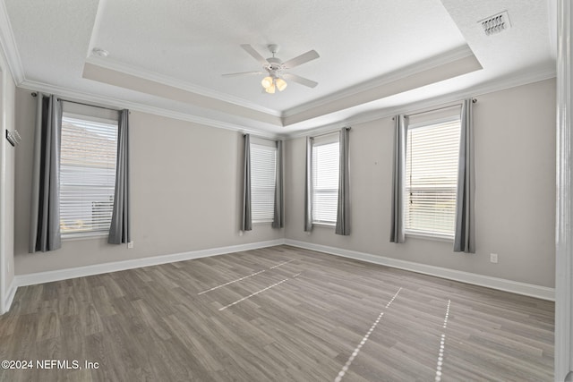 unfurnished room with a raised ceiling, a wealth of natural light, and wood-type flooring