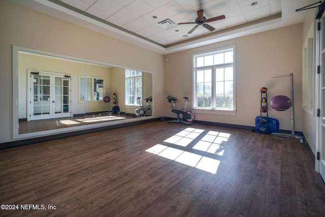 exercise area featuring a raised ceiling, ceiling fan, french doors, and dark hardwood / wood-style floors