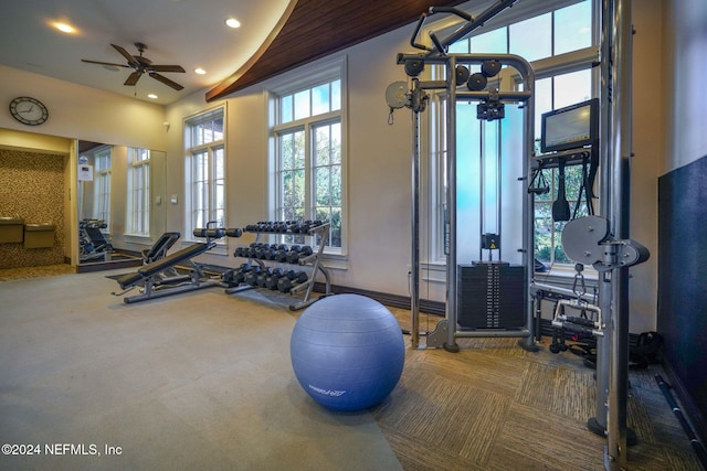 workout area with ceiling fan and carpet