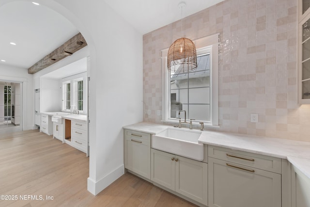 260 Autumn Tide Trl, Ponte Vedra, FL 32081 - bar featuring arched walkways, backsplash, light wood finished floors, and recessed lighting
