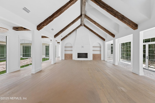 260 Autumn Tide Trl, Ponte Vedra, FL 32081 - unfurnished living room featuring a fireplace, light wood-type flooring, beamed ceiling, high vaulted ceiling, and built in shelves
