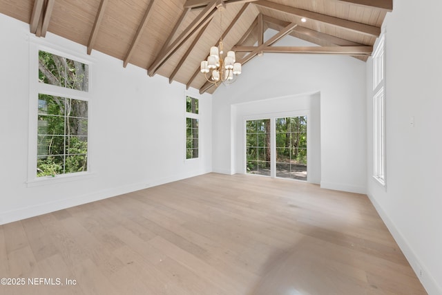 260 Autumn Tide Trl, Ponte Vedra, FL 32081 - empty room featuring a chandelier, high vaulted ceiling, a wood ceiling with exposed beams, and light wood-style flooring