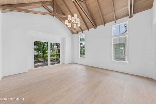 260 Autumn Tide Trl, Ponte Vedra, FL 32081 - empty room with wood finished floors, high vaulted ceiling, a chandelier, and a wooden ceiling with exposed beams