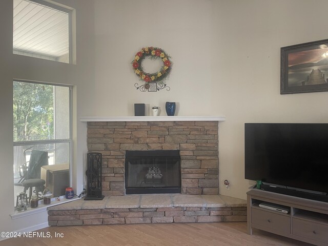 living room featuring a stone fireplace and wood-type flooring