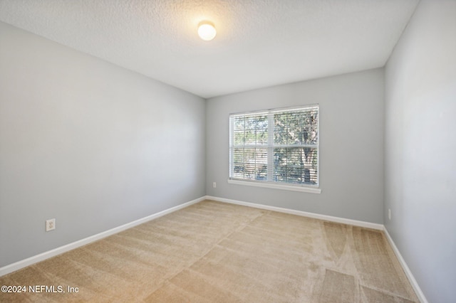 empty room with light colored carpet and a textured ceiling