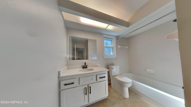 full bathroom with vanity, a textured ceiling, bathtub / shower combination, tile patterned floors, and toilet