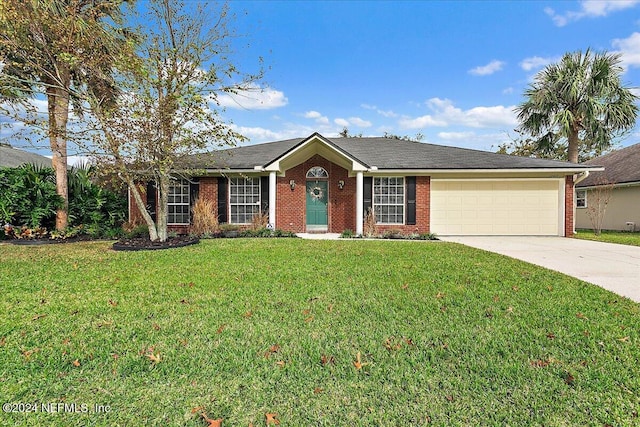 ranch-style house with a front yard and a garage