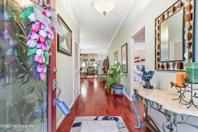 corridor featuring dark hardwood / wood-style flooring and crown molding