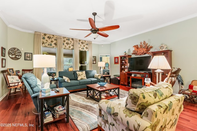 living room with hardwood / wood-style flooring, ceiling fan, and ornamental molding