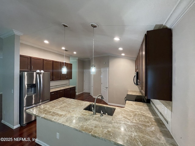 kitchen with a sink, dark brown cabinetry, stainless steel refrigerator with ice dispenser, and crown molding