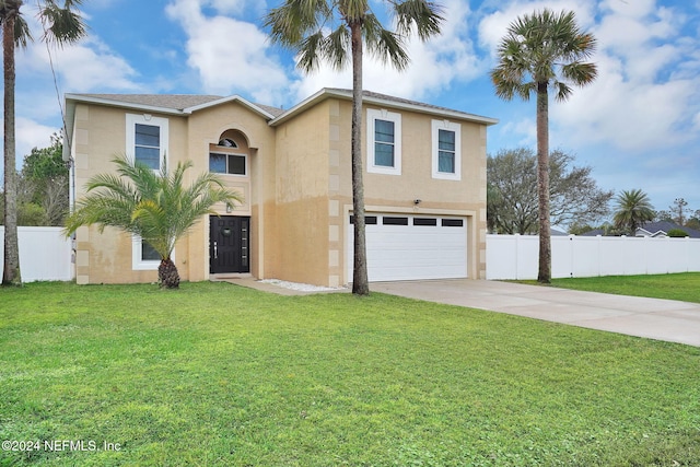 view of front facade featuring a front yard and a garage