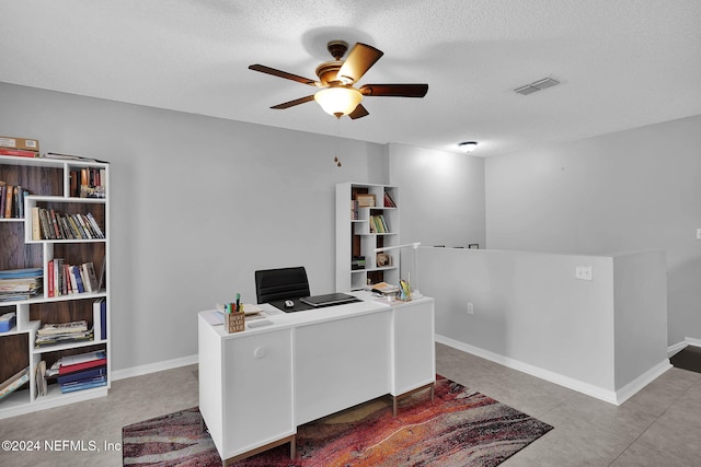 office with ceiling fan and a textured ceiling