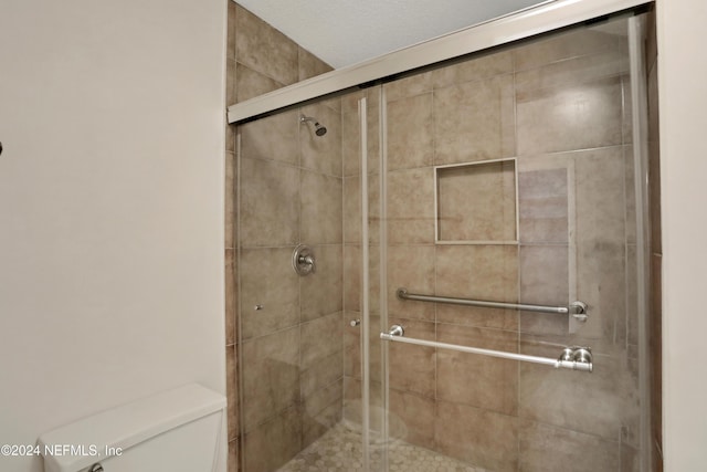 bathroom with a shower with shower door, a textured ceiling, and toilet