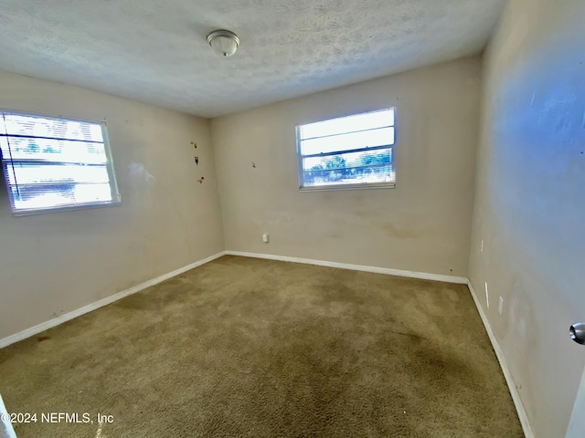 unfurnished room featuring carpet and a textured ceiling