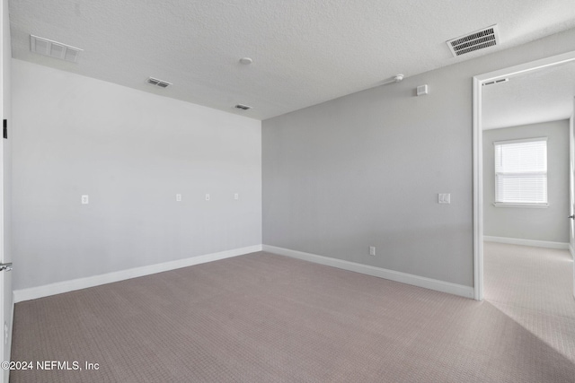 spare room featuring light colored carpet and a textured ceiling