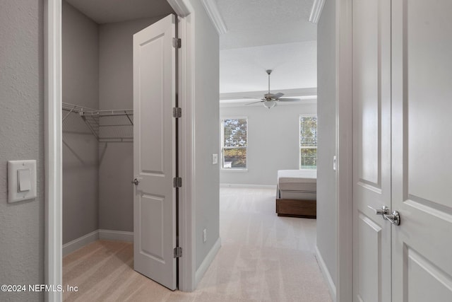 hall with light colored carpet and a textured ceiling