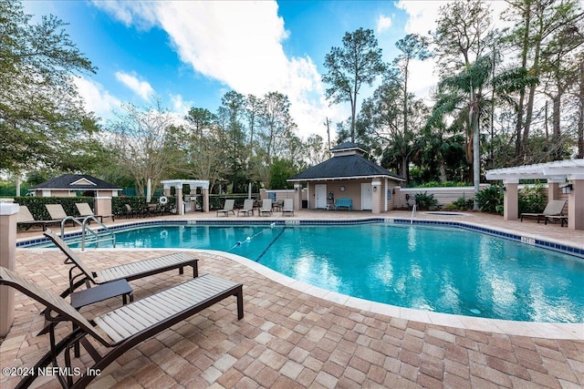 view of pool featuring a patio area and an outdoor structure