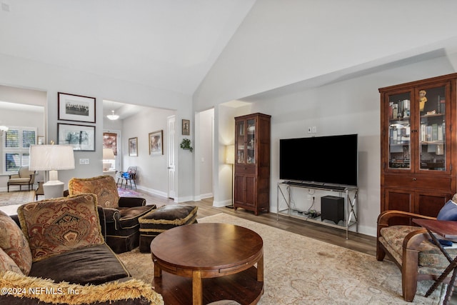 living room featuring high vaulted ceiling and light hardwood / wood-style flooring