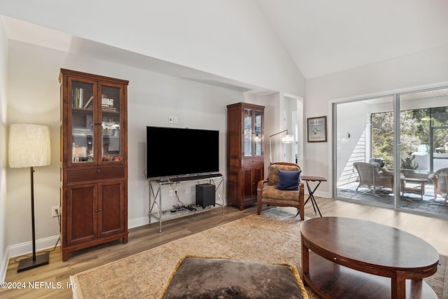 living room with high vaulted ceiling and light hardwood / wood-style flooring