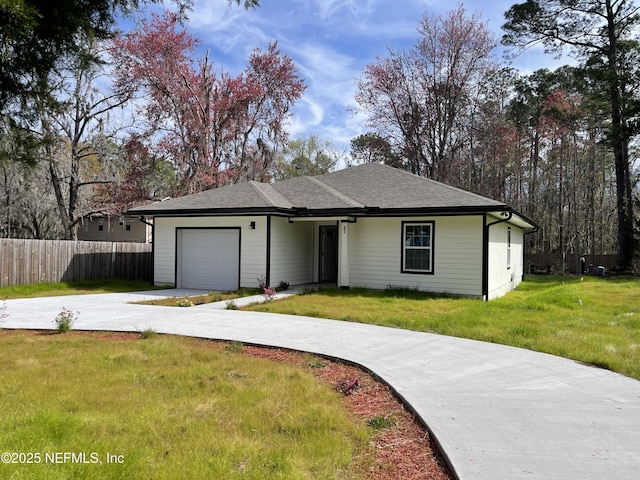 single story home with a shingled roof, concrete driveway, an attached garage, fence, and a front lawn