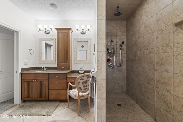 bathroom with a tile shower, vanity, a chandelier, and a textured ceiling