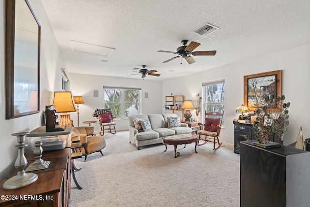 carpeted living room with ceiling fan and a textured ceiling