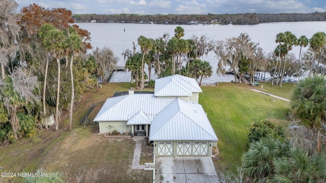 drone / aerial view featuring a water view