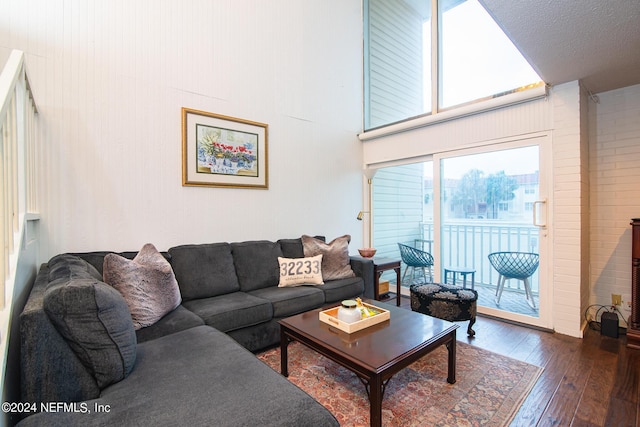 living room with dark hardwood / wood-style floors and a towering ceiling