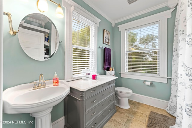 bathroom with toilet, ornamental molding, and sink