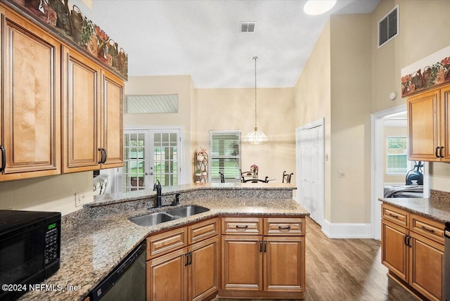 kitchen with sink, pendant lighting, plenty of natural light, and hardwood / wood-style flooring