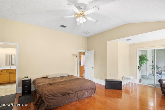 bedroom with access to outside, ceiling fan, light hardwood / wood-style floors, and lofted ceiling