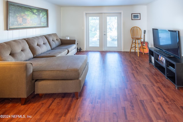 living room with french doors and dark hardwood / wood-style floors