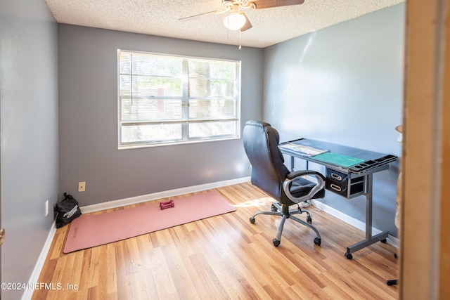 home office featuring a textured ceiling, light hardwood / wood-style floors, and ceiling fan