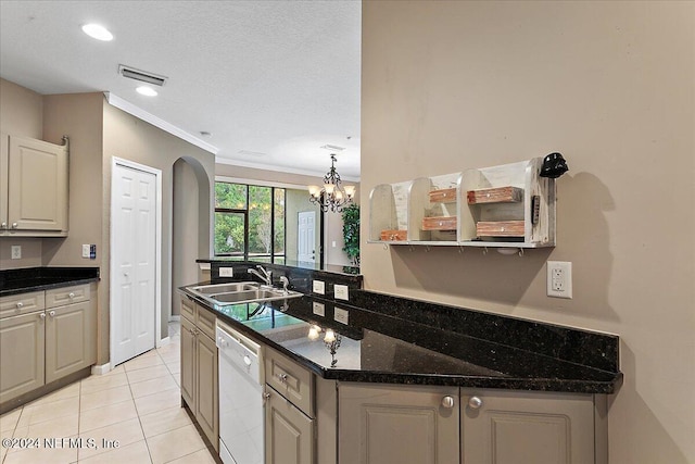 kitchen with ornamental molding, white dishwasher, sink, dark stone countertops, and a chandelier