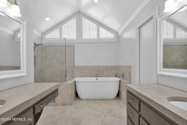 bathroom featuring vanity, shower with separate bathtub, lofted ceiling, and crown molding