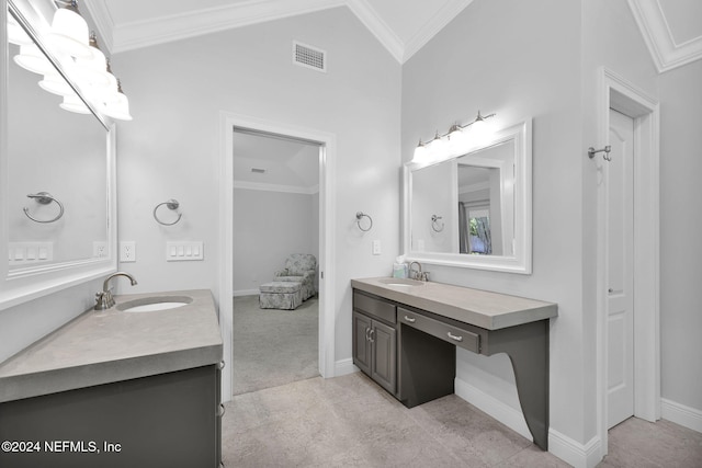 bathroom featuring vanity, high vaulted ceiling, and ornamental molding