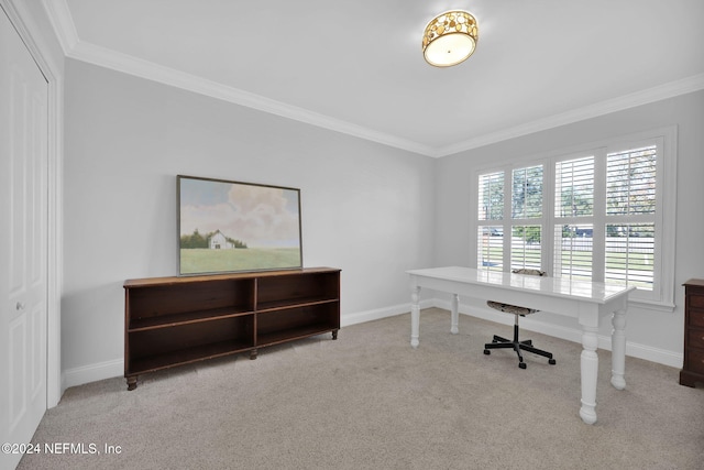 office space with ornamental molding and light carpet