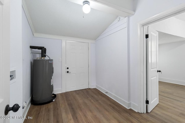 clothes washing area featuring wood-type flooring, electric water heater, and crown molding