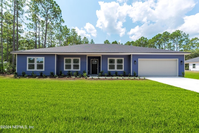 single story home featuring a front yard and a garage