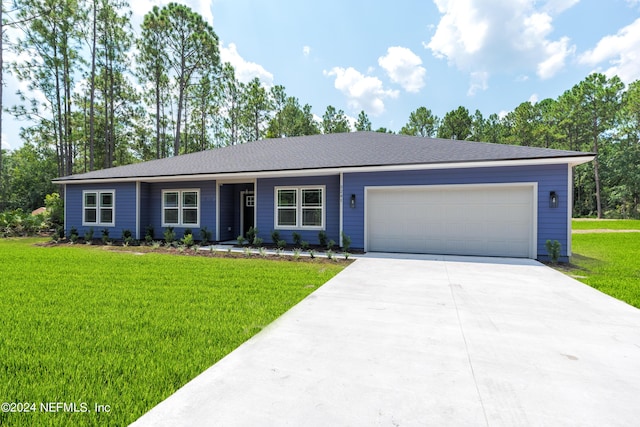 ranch-style home featuring a front yard and a garage