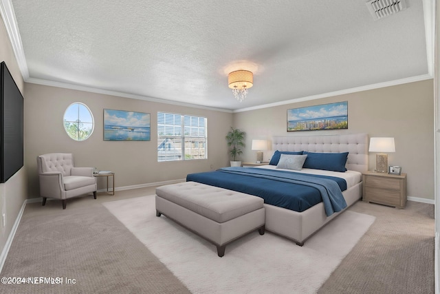 bedroom with carpet flooring, crown molding, a textured ceiling, and a notable chandelier