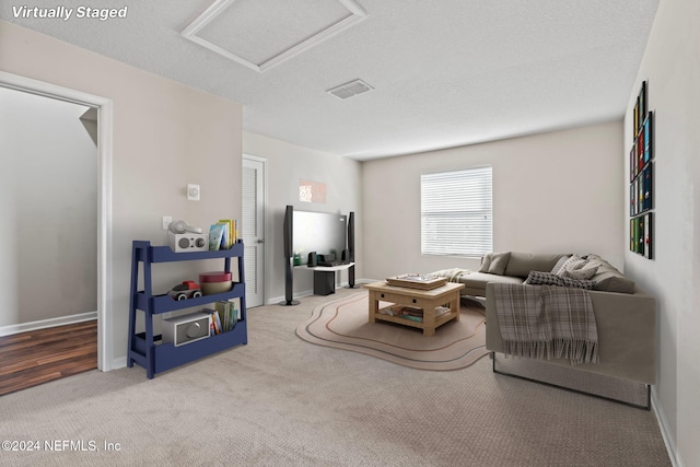 living room with carpet flooring and a textured ceiling